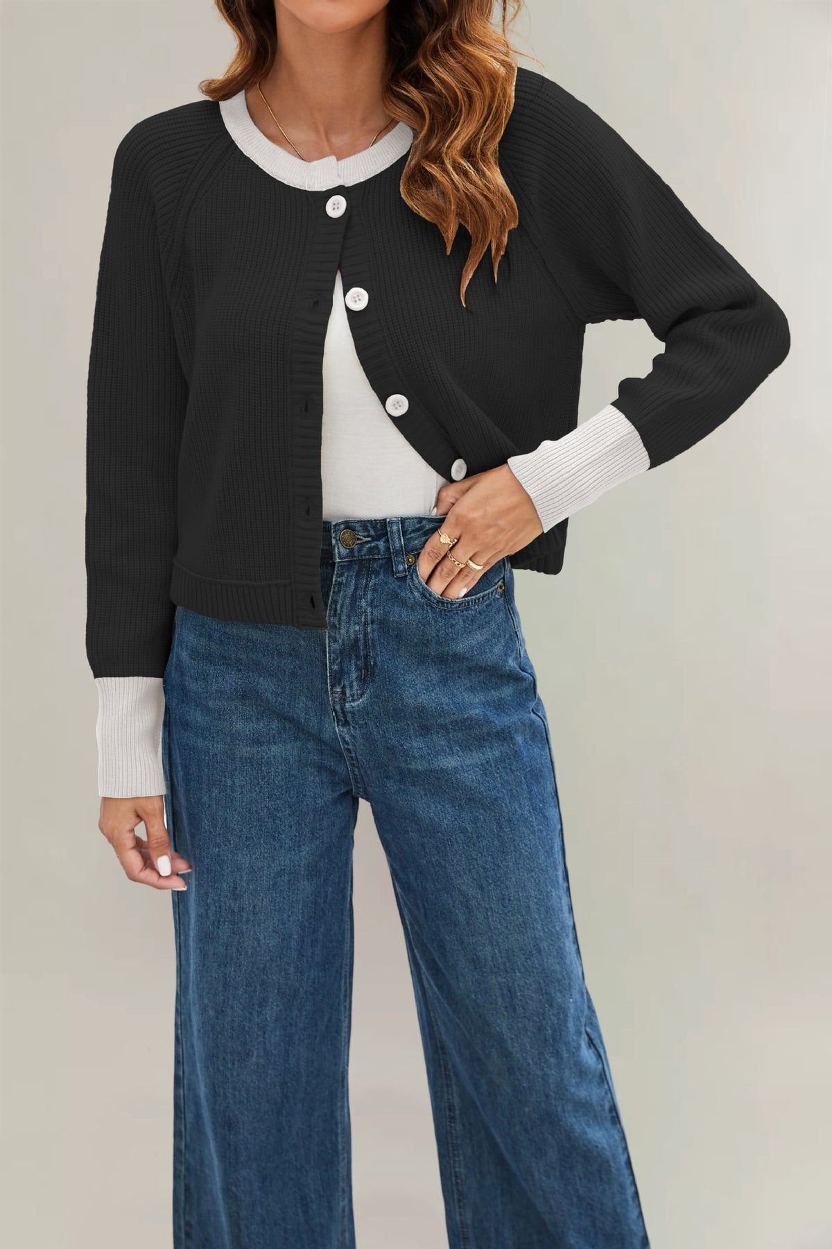 Women's Color Block Knit Cardigan – Round Neck Button Slim Fit Sweater
