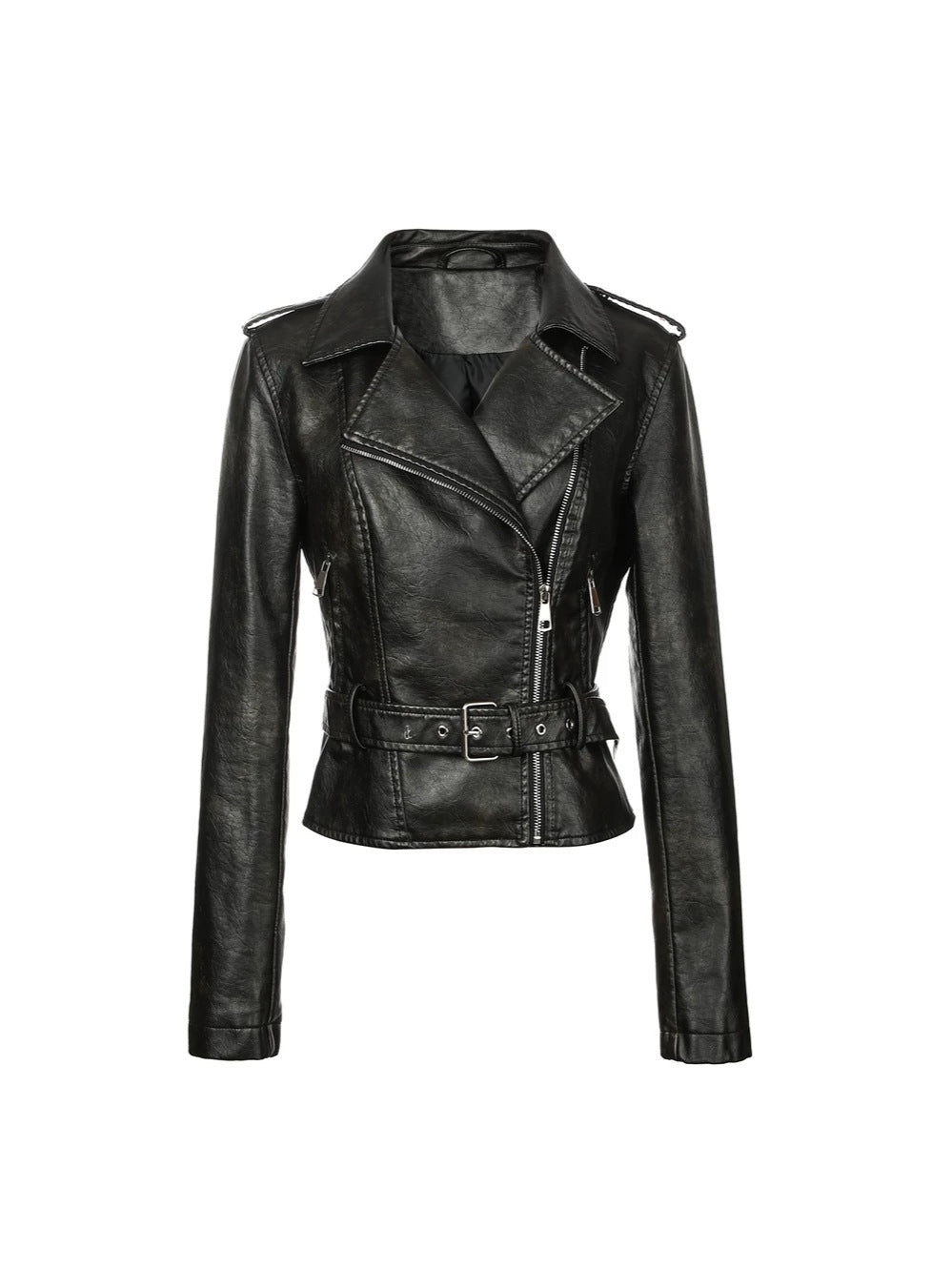 Women's PU Leather Motorcycle Jacket – Slim Fit Biker Jacket with Lapel Collar, Zippers and Epaulettes