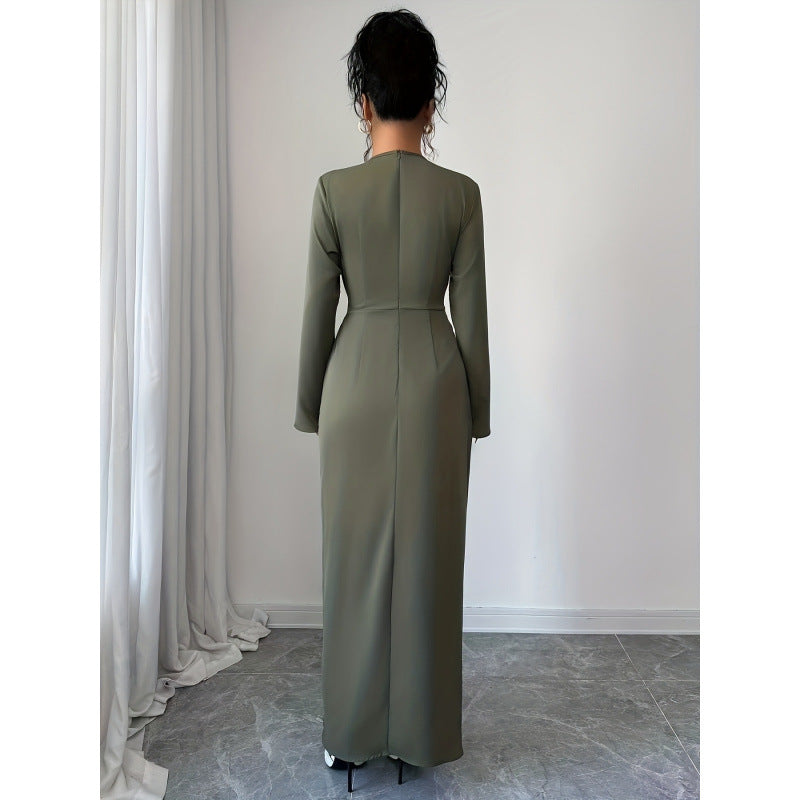 Women's Green V-Neck Long Sleeve Wedding Guest Dress