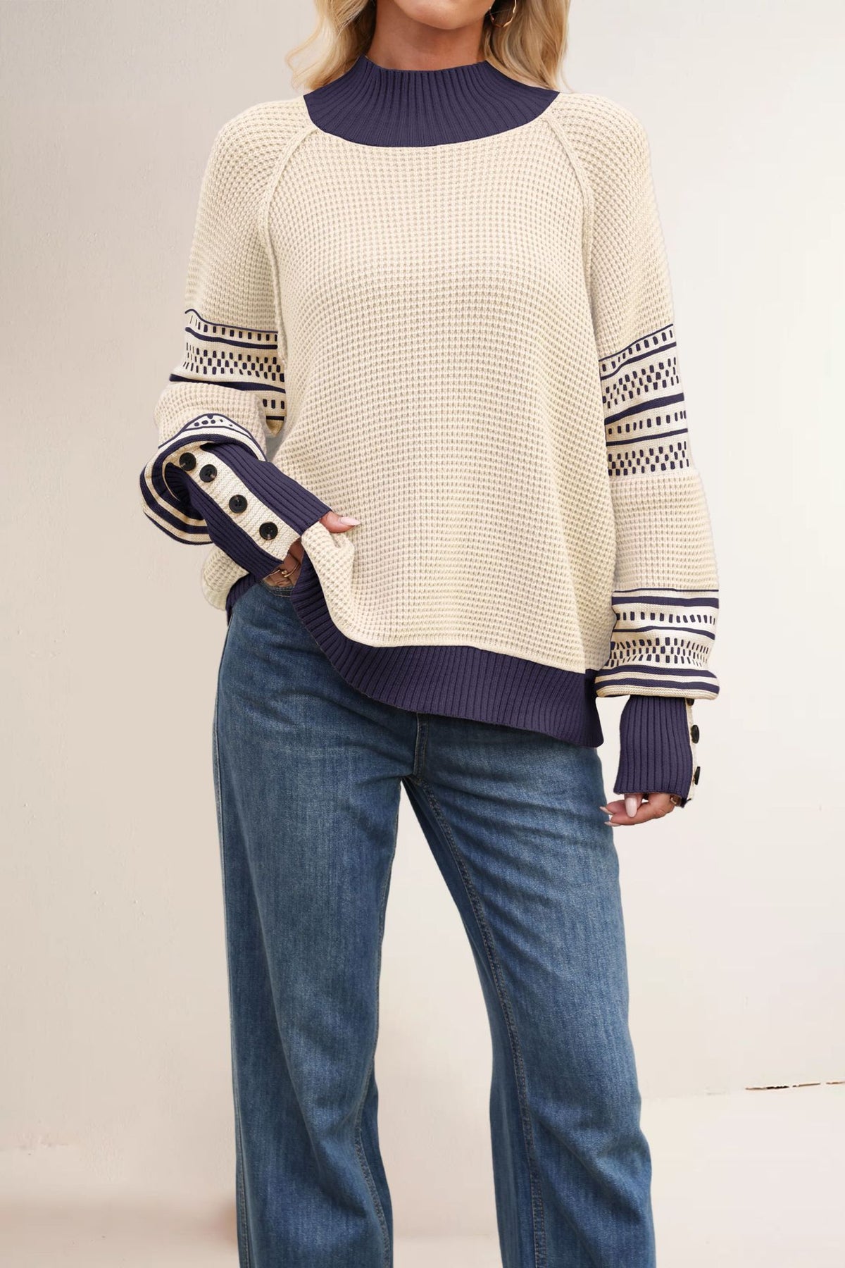 Women's Jacquard Knit Sweater – Half-High Neck Loose Pullover