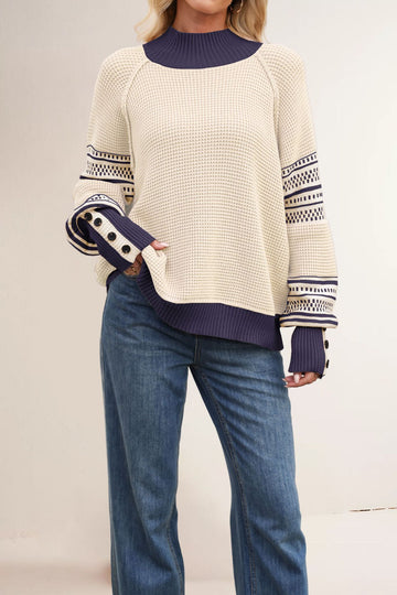 Women's Jacquard Knit Sweater – Half-High Neck Loose Pullover