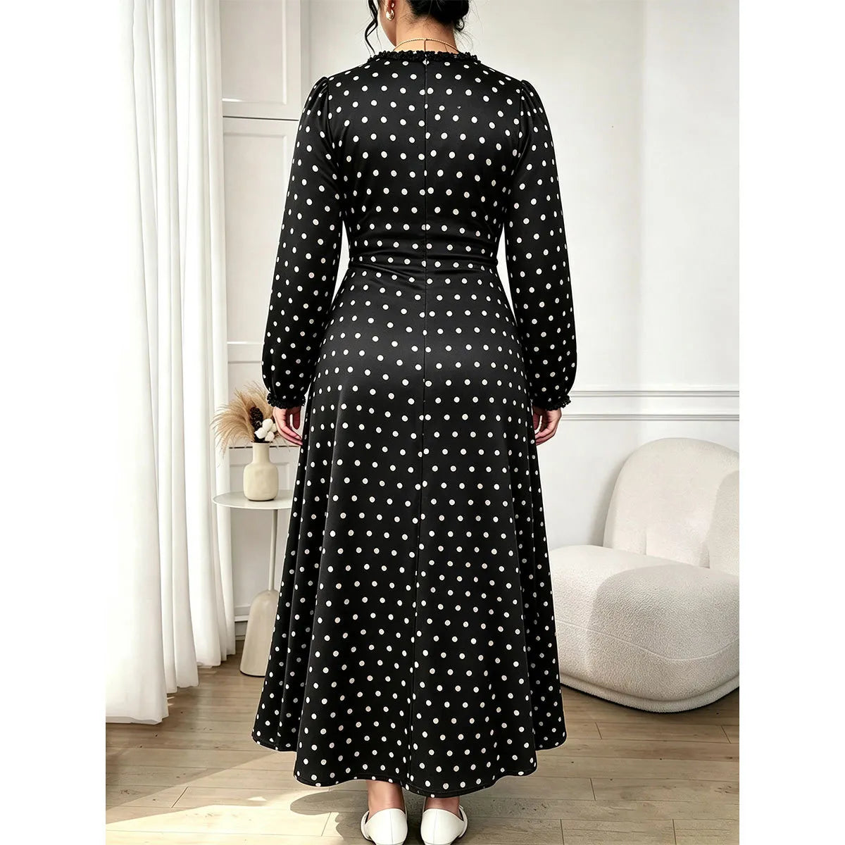 Women's Plus Size V-Neck Polka Long Sleeve Maxi Dress