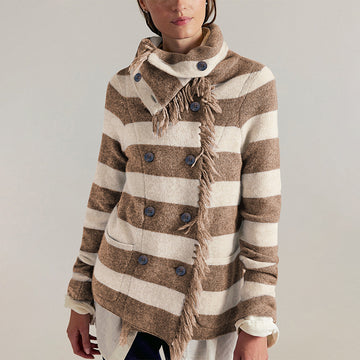 Women's Striped Knit Cardigan – Stand Collar Loose Fit Sweater Jacket