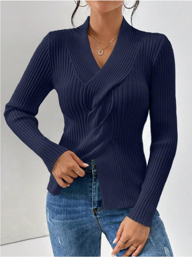 Women's Ribbed Knit V-Neck Sweater – Slim Fit Long Sleeve Pullover
