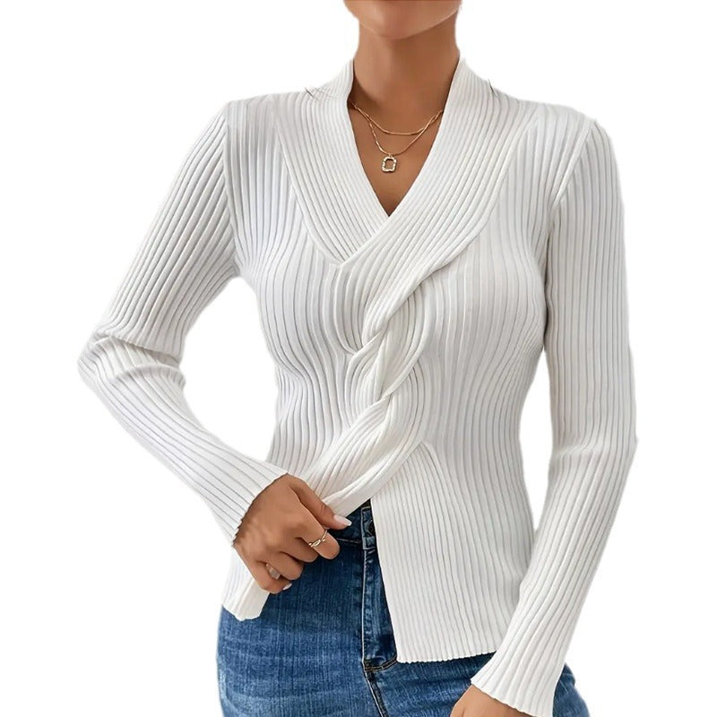 Women's Ribbed Knit V-Neck Sweater – Slim Fit Long Sleeve Pullover