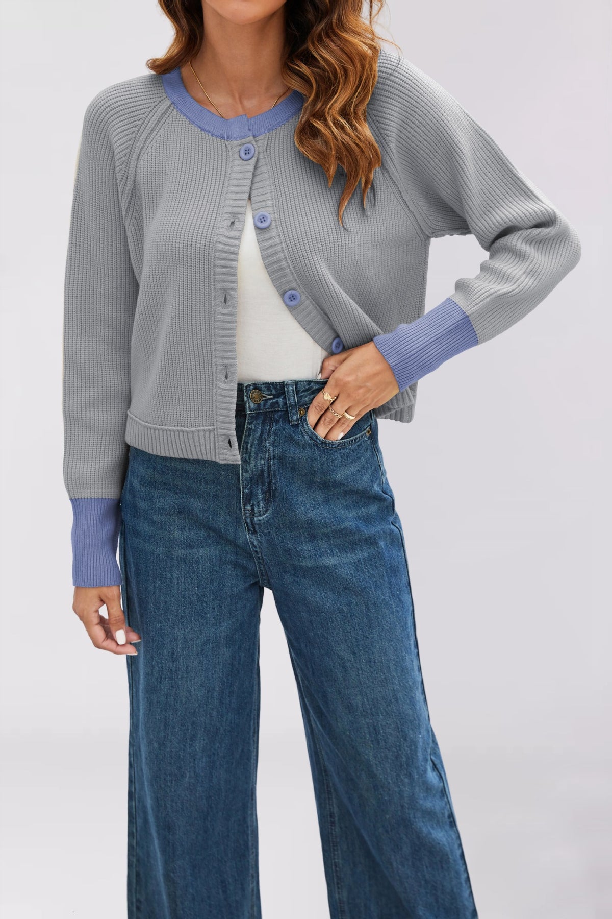 Women's Color Block Knit Cardigan – Round Neck Button Slim Fit Sweater