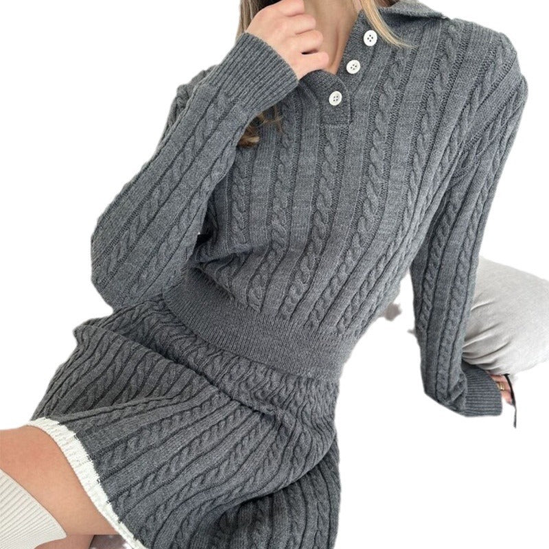 Casual Long-Sleeve Knitted Sweater and Short Skirt Set