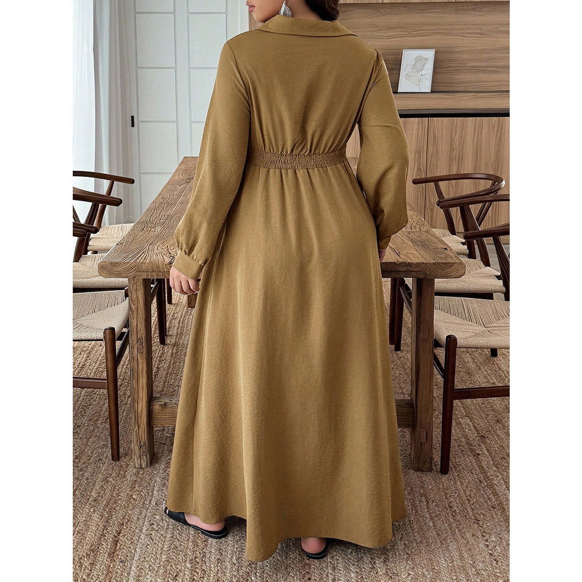 Women's Plus Size Camel V-Neck High Waist Maxi Dress