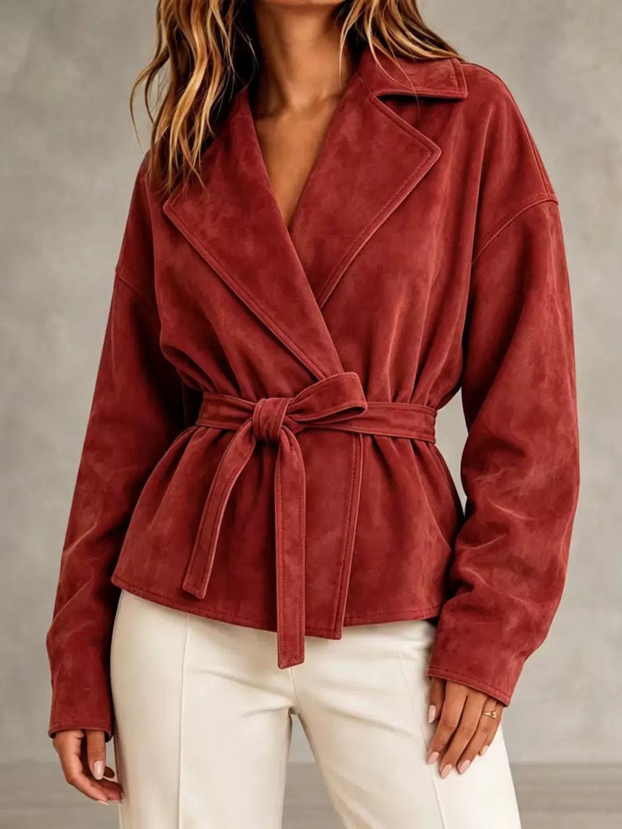 Women's Suede Belted Short Coat – Turn-Down Collar Long Sleeve Jacket