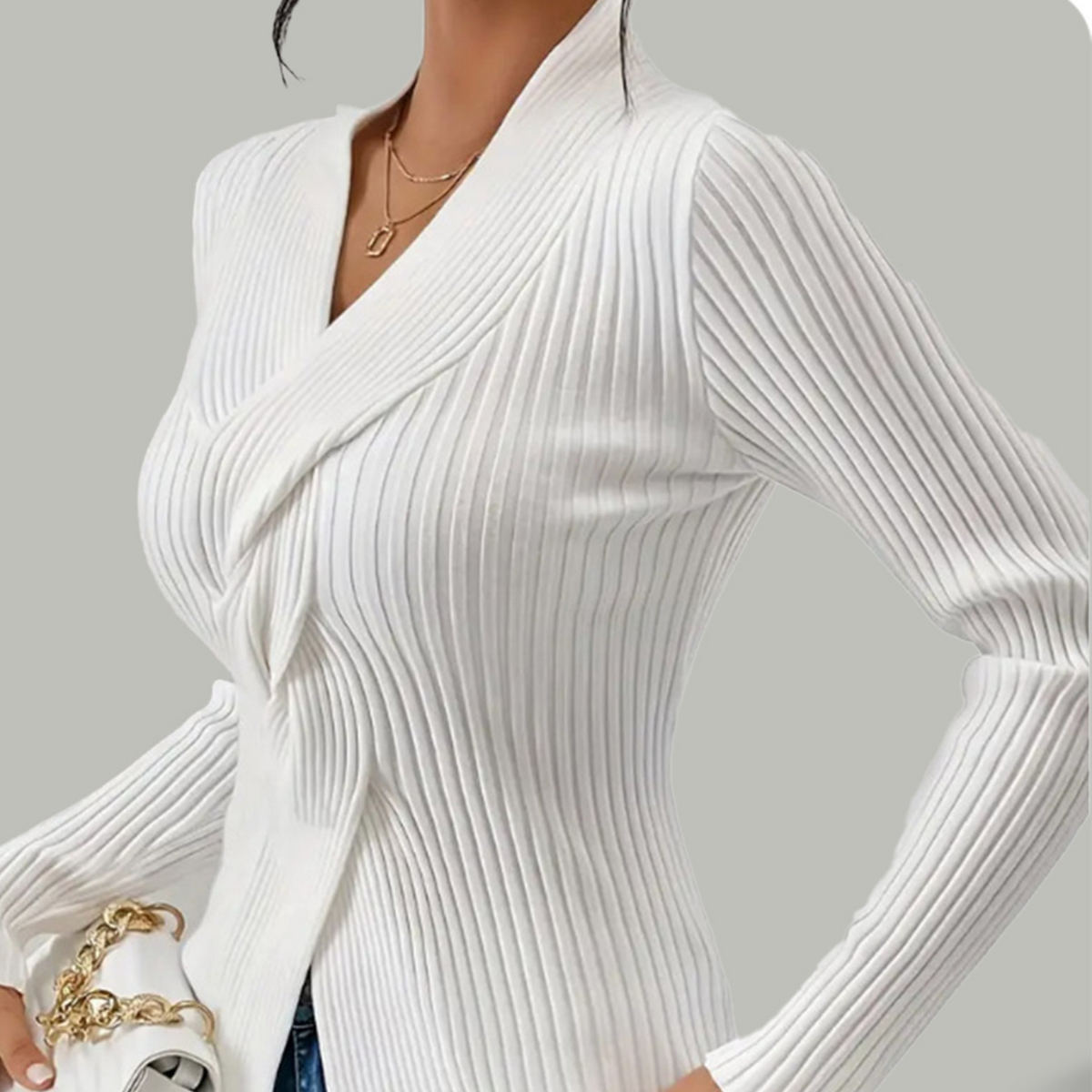 Women's Ribbed Knit V-Neck Sweater – Slim Fit Long Sleeve Pullover