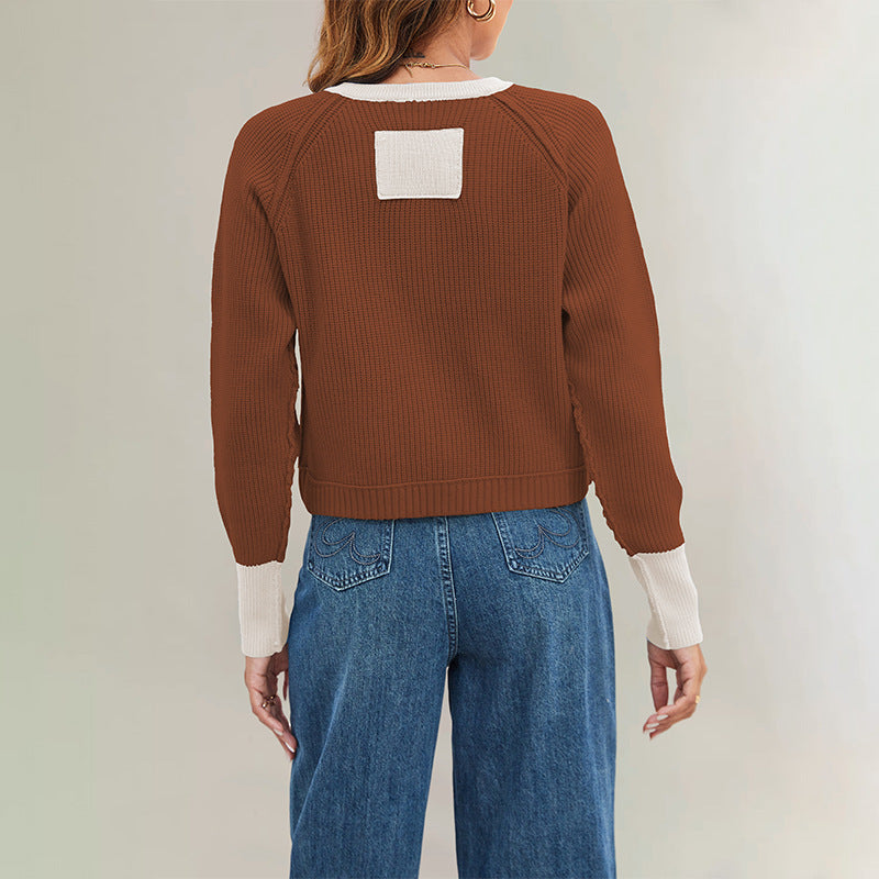Women's Color Block Knit Cardigan – Round Neck Button Slim Fit Sweater
