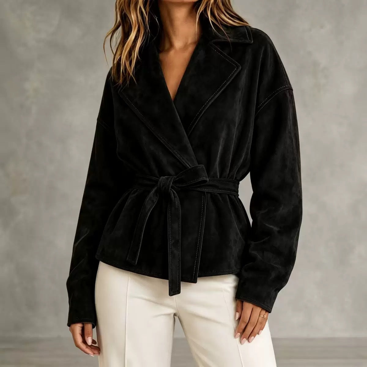 Women's Suede Belted Short Coat – Turn-Down Collar Long Sleeve Jacket