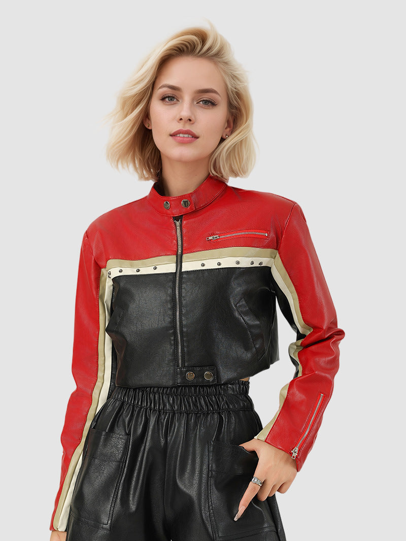 Women's Red Cropped Faux Leather Biker Jacket