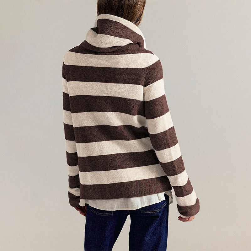 Women's Striped Knit Cardigan – Stand Collar Loose Fit Sweater Jacket