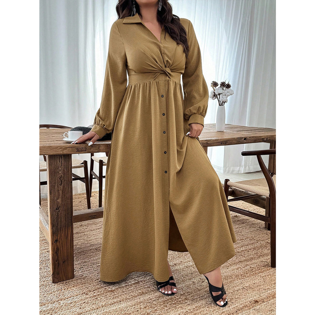 Women's Plus Size Camel V-Neck High Waist Maxi Dress