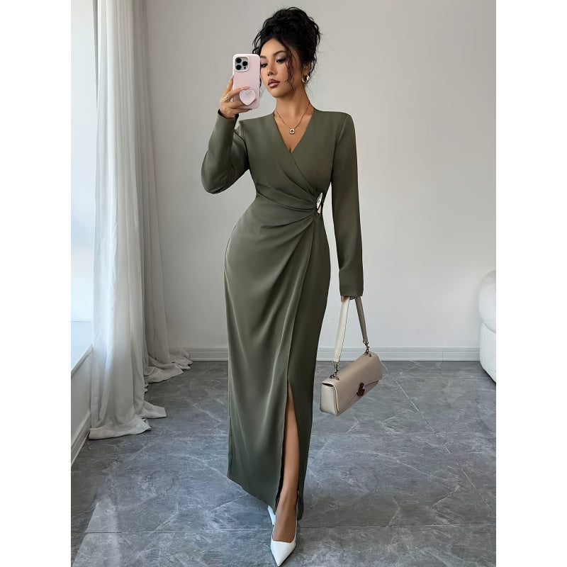 Women's Green V-Neck Long Sleeve Wedding Guest Dress