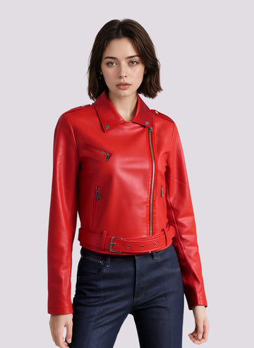 Women's Belted Faux Leather Moto Jacket