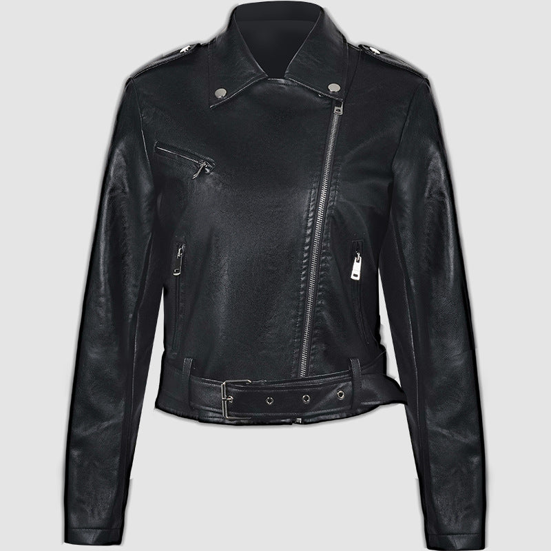 Women's Belted Faux Leather Moto Jacket