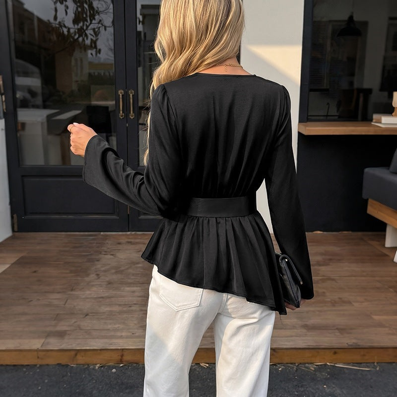 Women's Black V-Neck Ruffle Blouse Shirt – Long Sleeve Slim-Fit Top