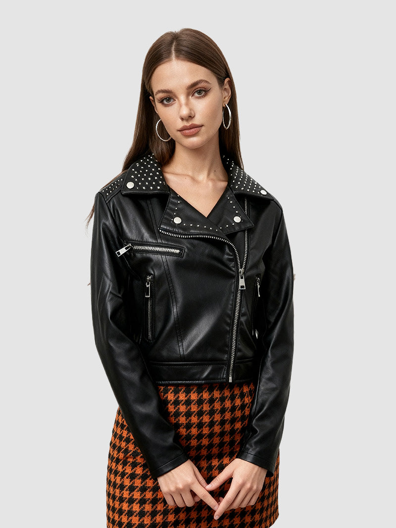 Women's Black Studded Faux Leather Moto Jacket
