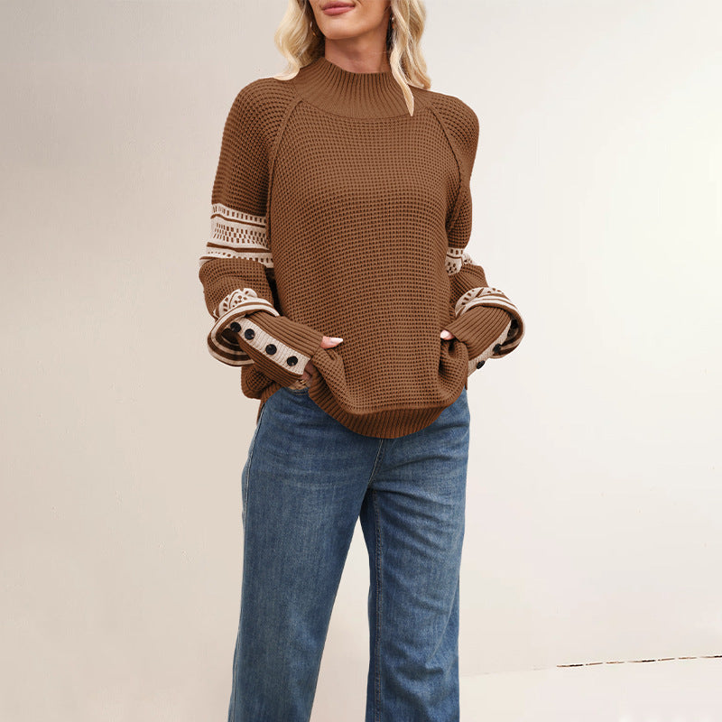 Women's Jacquard Knit Sweater – Half-High Neck Loose Pullover