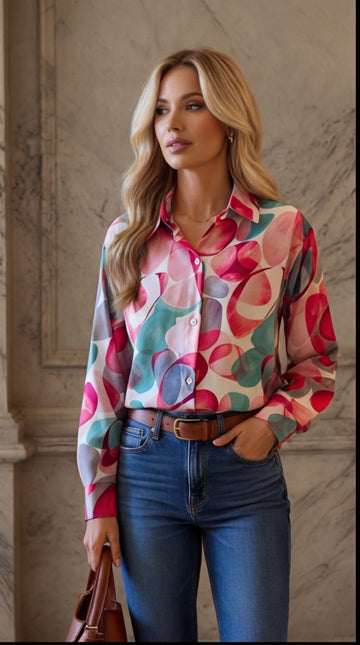 Women's Geometric Print Shirt – Long Sleeve Relaxed Fit Blouse