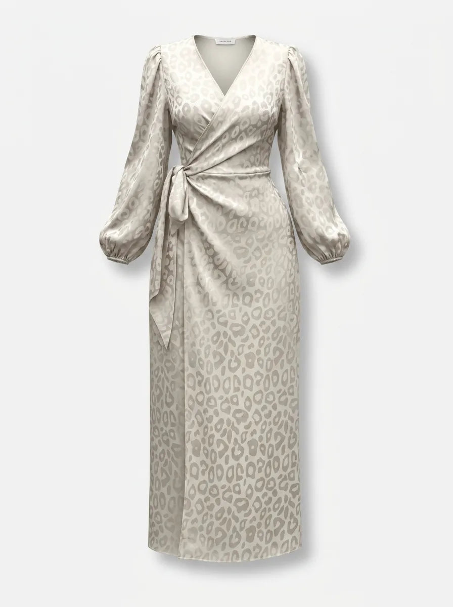 Women's Leopard Print Satin Maxi Dress – Long Sleeve Evening Dress