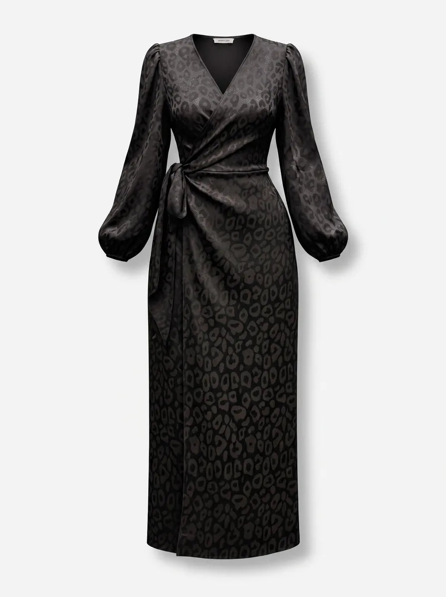 Women's Leopard Print Satin Maxi Dress – Long Sleeve Evening Dress