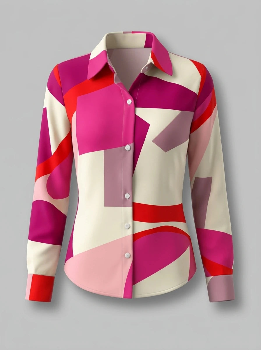 Women's Geometric Print Shirt – Long Sleeve Relaxed Fit Blouse