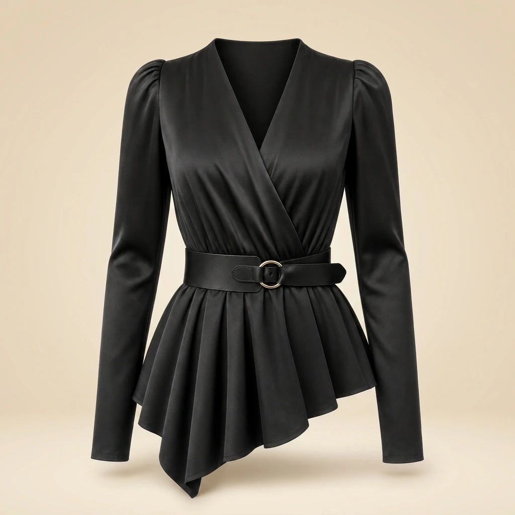 Women's Black V-Neck Ruffle Blouse Shirt – Long Sleeve Slim-Fit Top