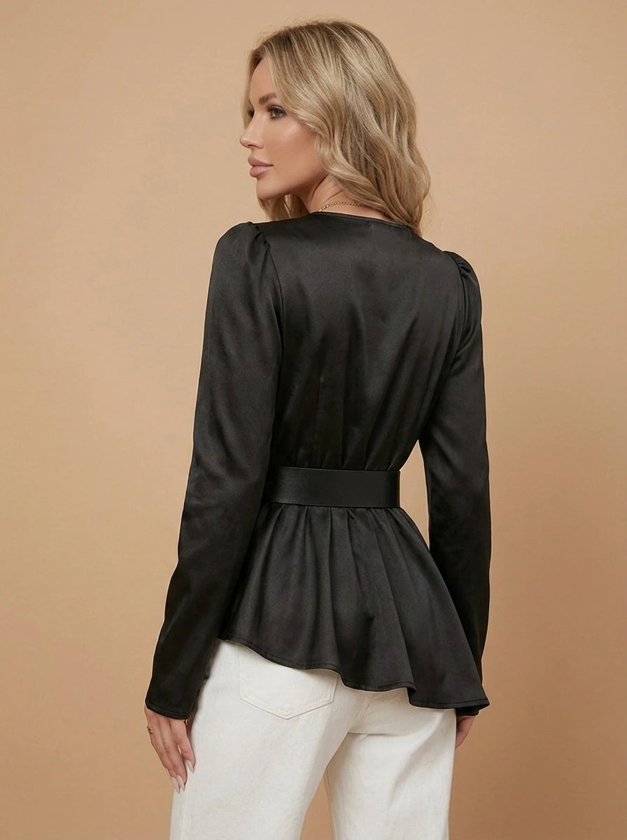 Women's Black V-Neck Ruffle Blouse Shirt – Long Sleeve Slim-Fit Top