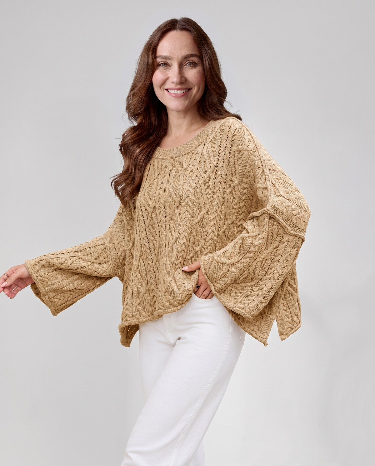 Women's khaki oversized cable knit round neck sweater with wide sleeves