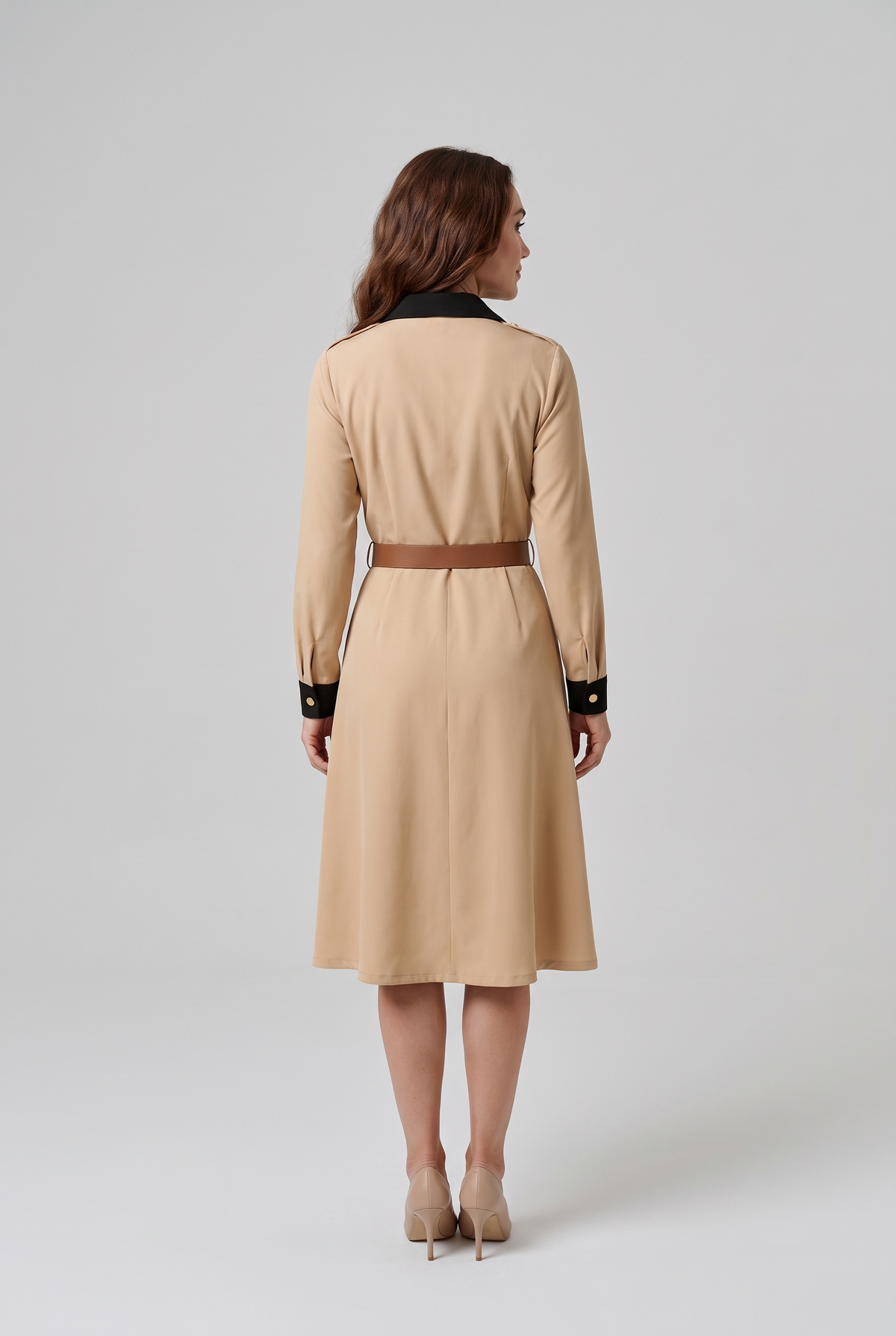 Women's beige collared shirt dress with black collar and cuffs – back view