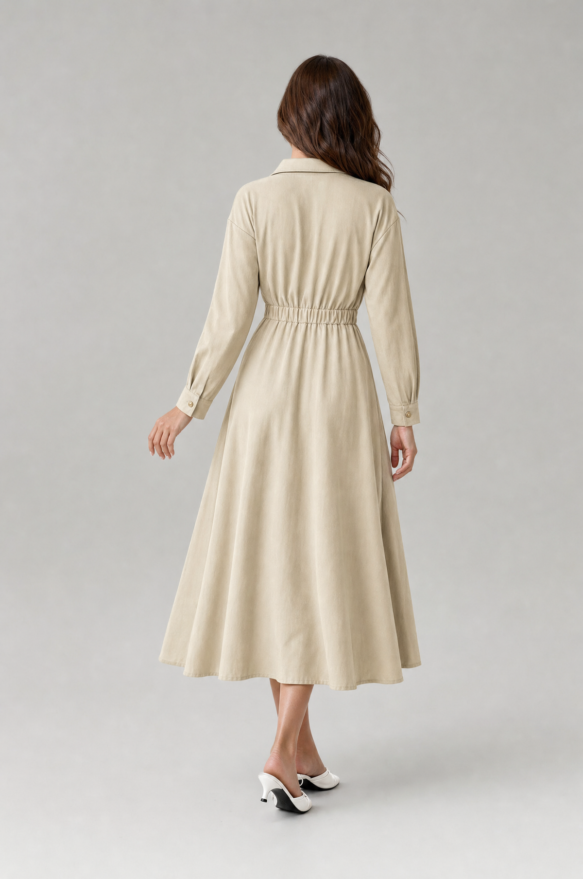 Women's beige collared midi shirt dress with elastic waist – back view
