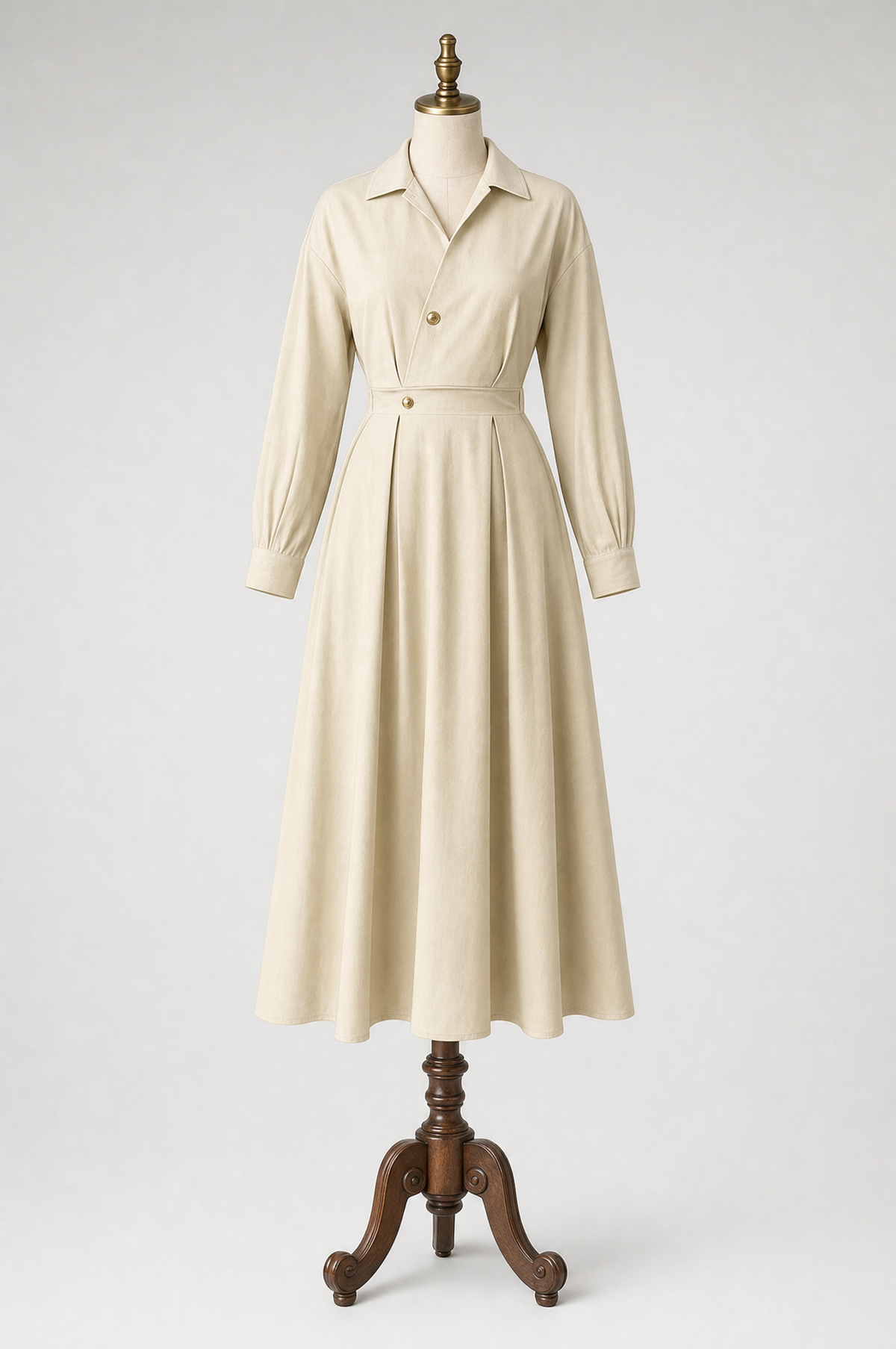 Beige collared midi shirt dress with gold buttons on a vintage dress form mannequin, grey studio background