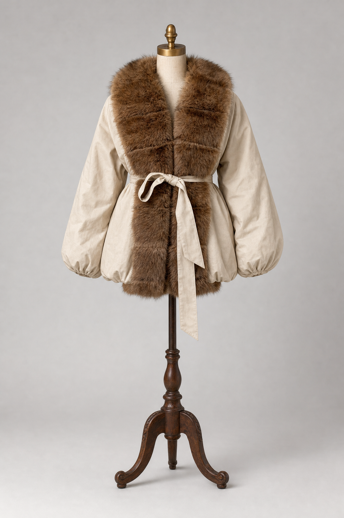Khaki belted jacket with wide brown fur collar on a vintage dress form mannequin