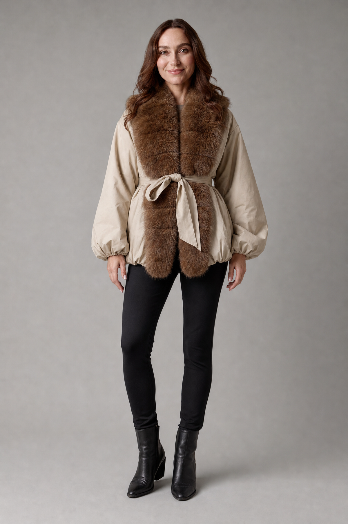 Women's khaki belted winter jacket with wide brown fur collar – front view