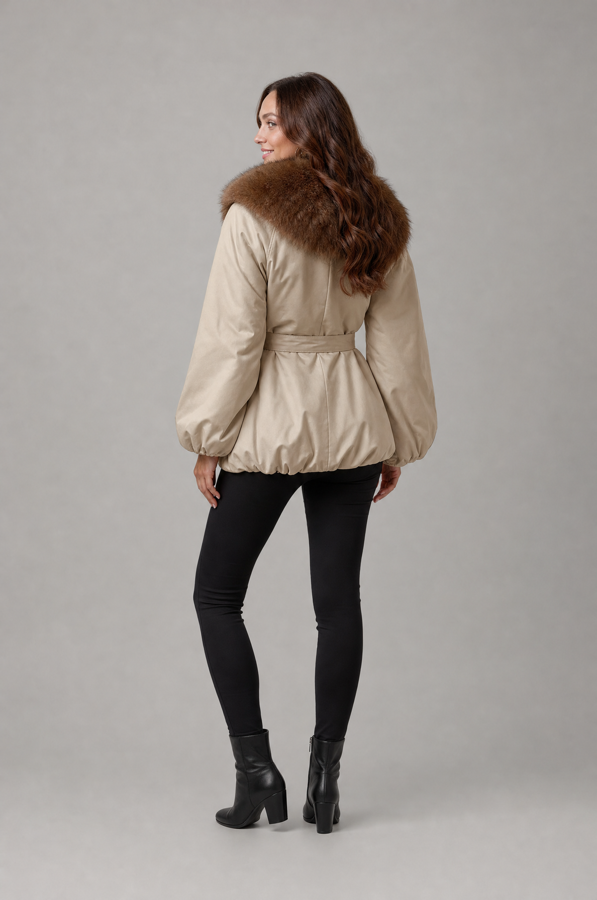 Khaki belted winter jacket with fur collar – back view