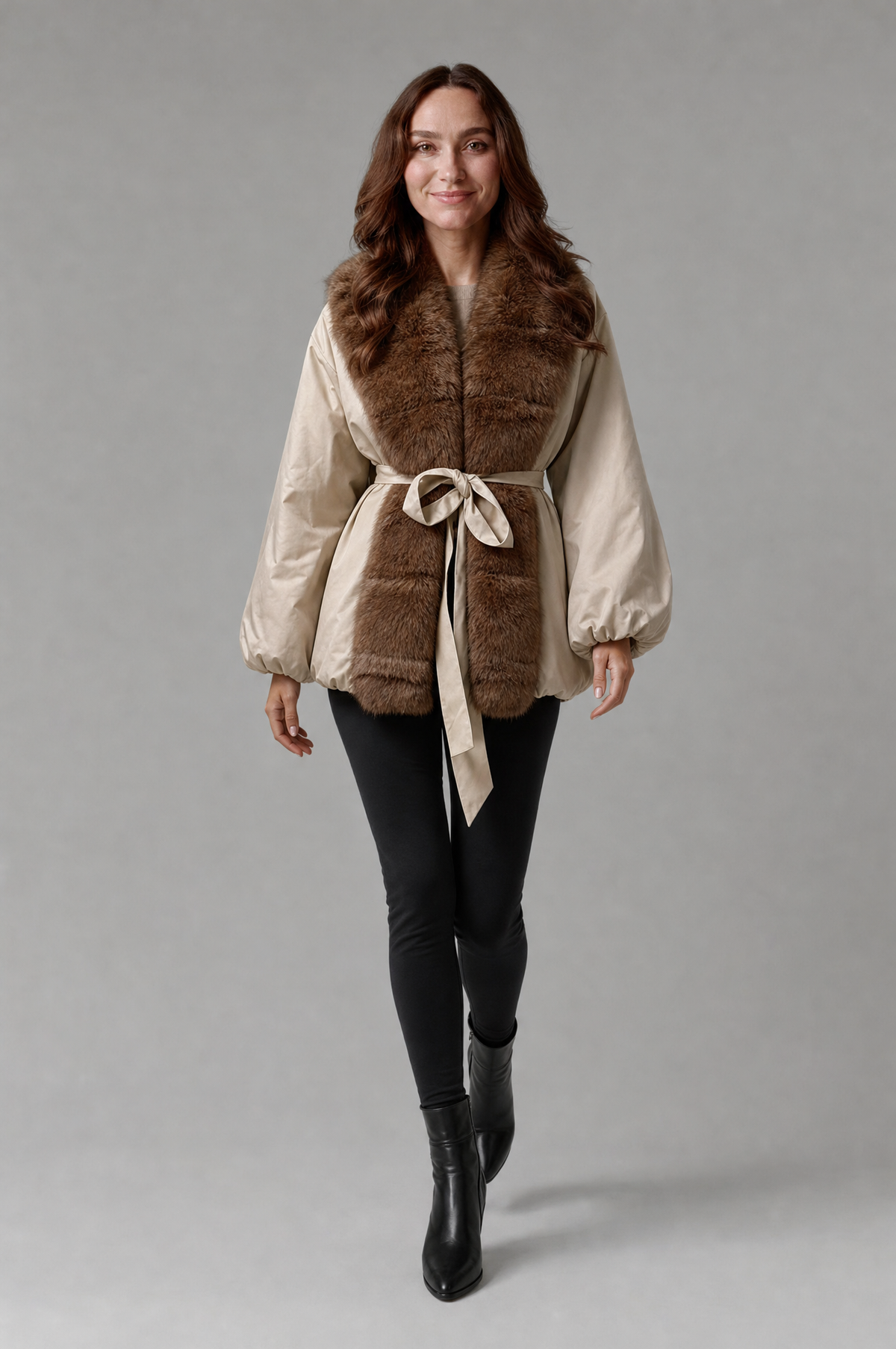 Women's khaki winter jacket with fur collar – walking