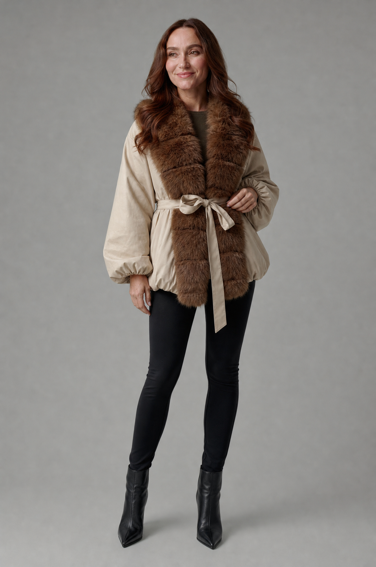 Khaki fur collar puffer coat – three-quarter view