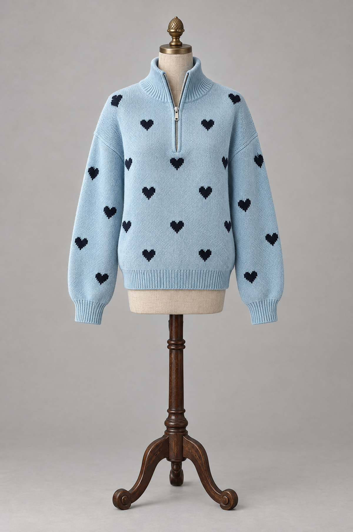High-neck zipper knitted jacquard sweater on vintage mannequin
