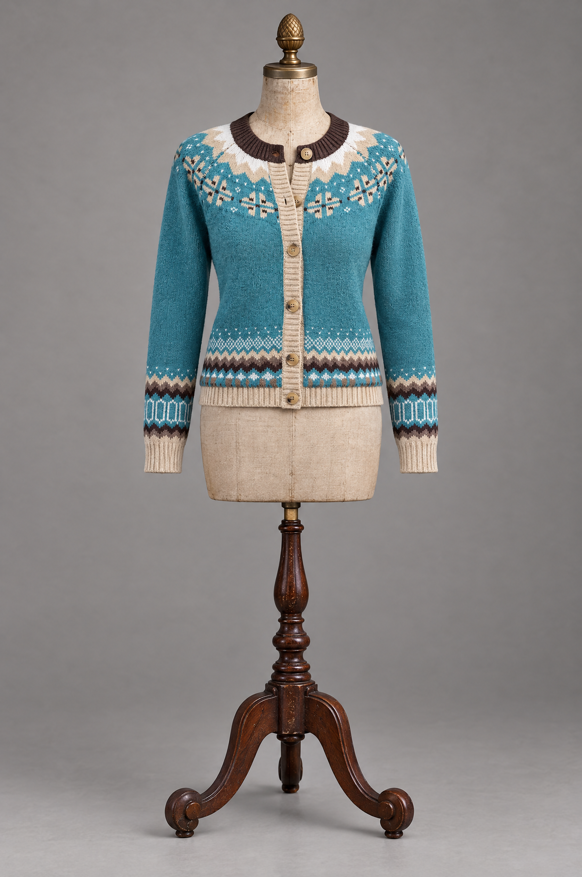 Isle women's jacquard knitted round neck cardigan on vintage mannequin