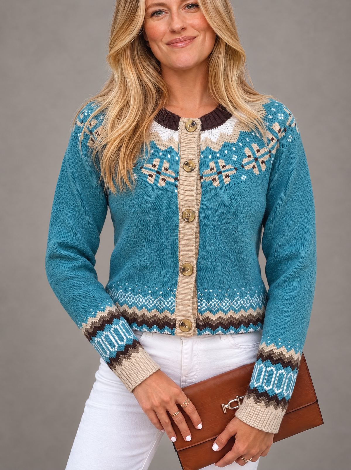 Blonde model styling the round neck jacquard cardigan