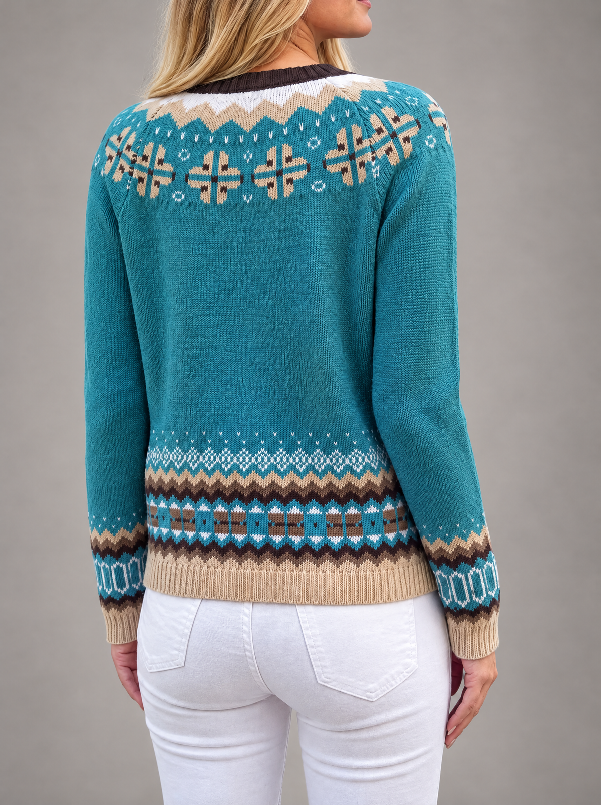 Blonde model wearing women's knitted cardigan sweater