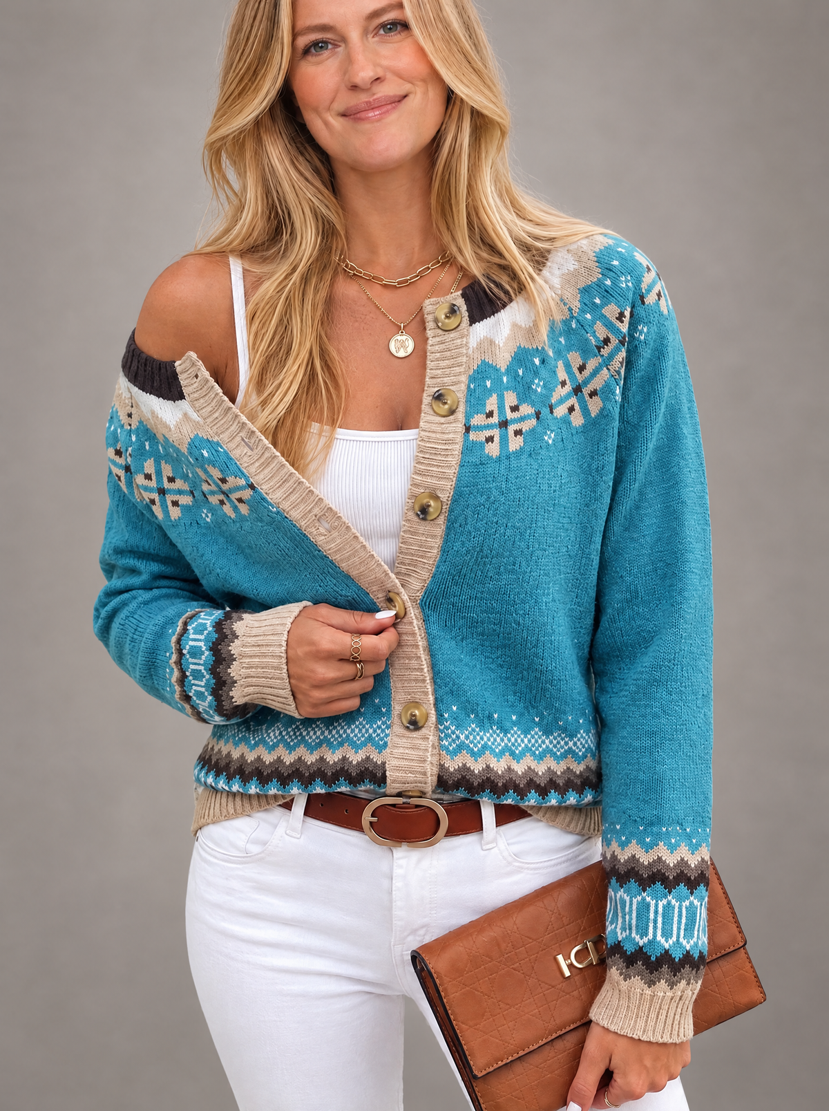 Blonde model in women's jacquard knit cardigan, front view