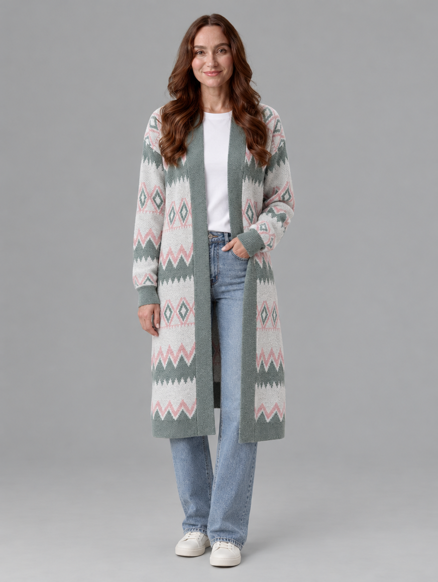 Women's mid-length knit cardigan in gray and pink, front view