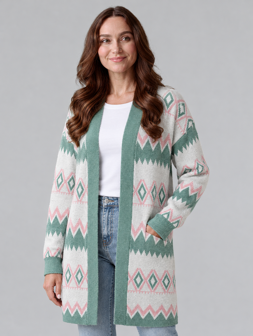 Women's mid-length knit cardigan in mint green, three-quarter view