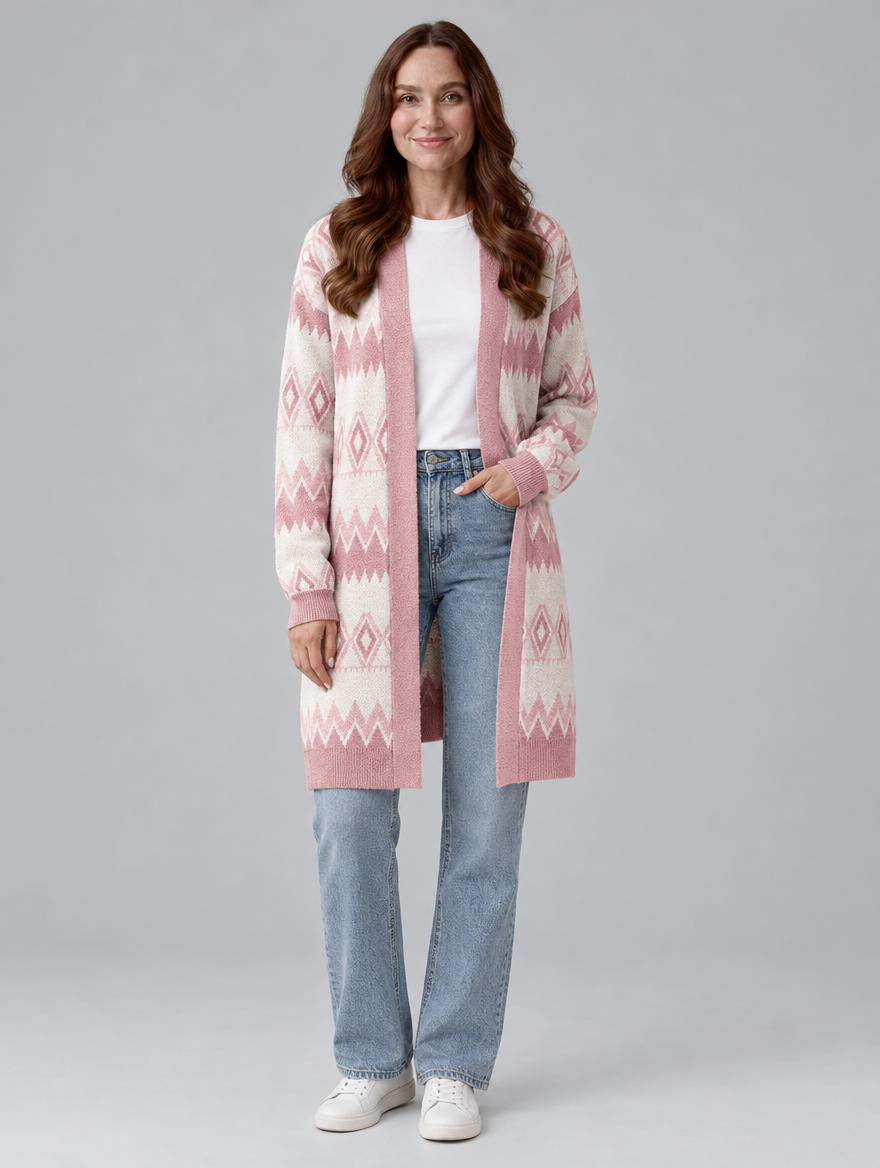 Women's mid-length knit cardigan in pink, front view