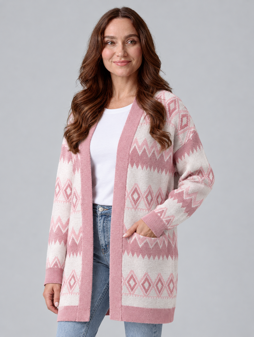 Women's mid-length knit cardigan in pink, three-quarter view