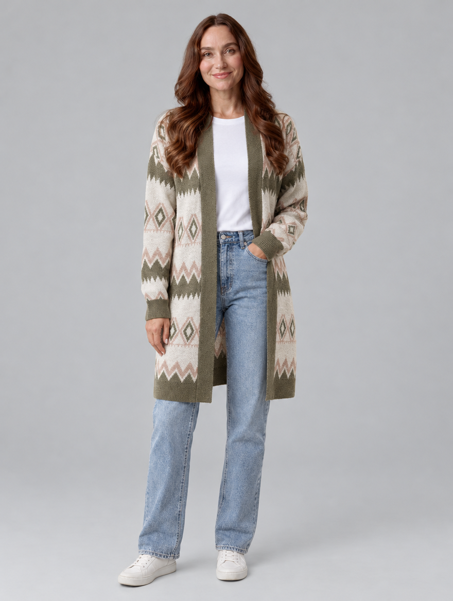 Women's mid-length knit cardigan in khaki, front view